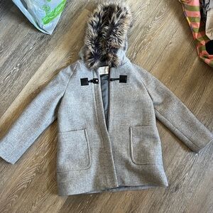 Zara Girls soft collection outerwear grey hooded wool pea coat swing faux fur 10